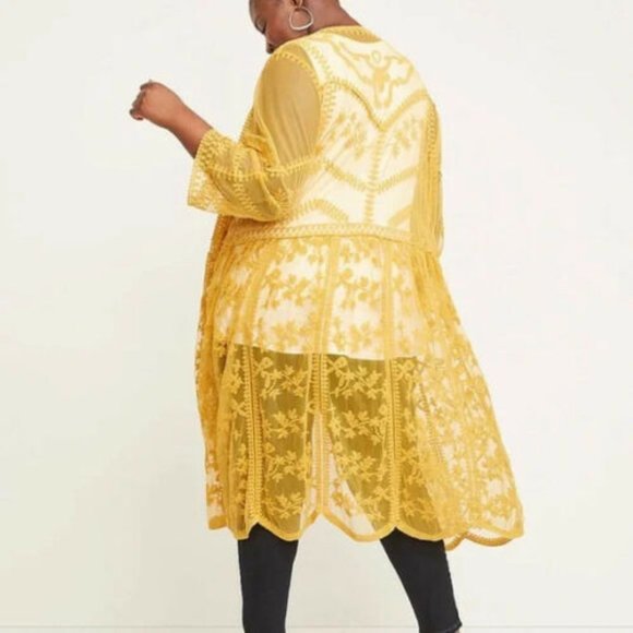 Lane Bryant Tops - Lane Bryant Embroidered Mesh Kimono Top Yellow Overpiece Duster 22/24 H12723